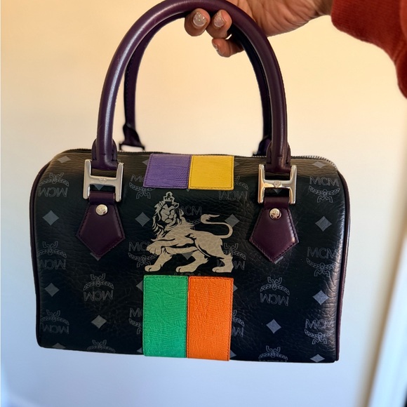 MCM Handbags - MCM Black Satchel with Purple and Multicolor Stripes